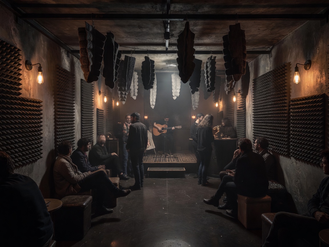 Atmospheric interior lighting of an underground Paris club with acoustic treatments