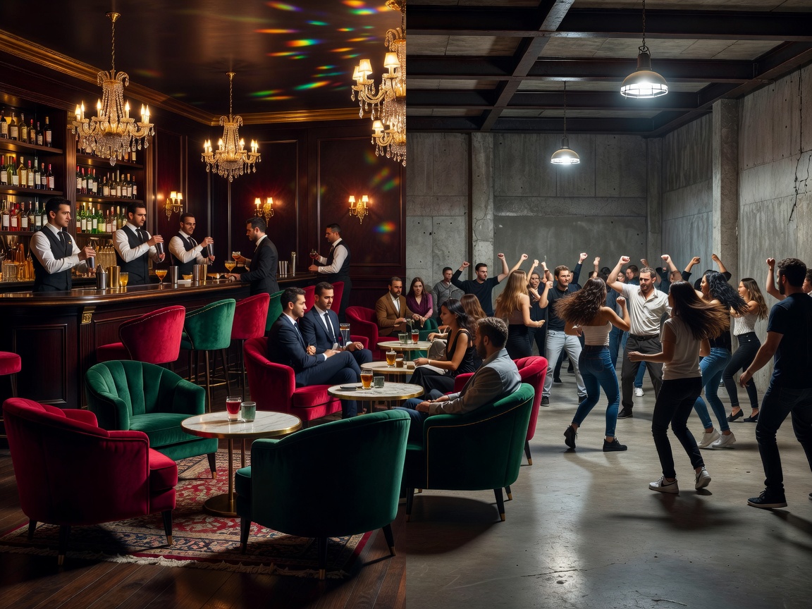 Contrast of an opulent velvet cocktail bar and an industrial concrete dance hall