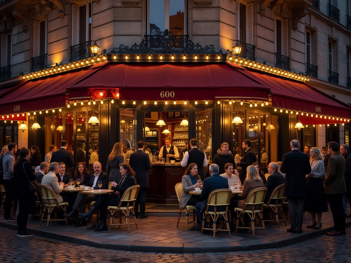 Lively boulevard cafe and bar facade illuminated at night in Paris
