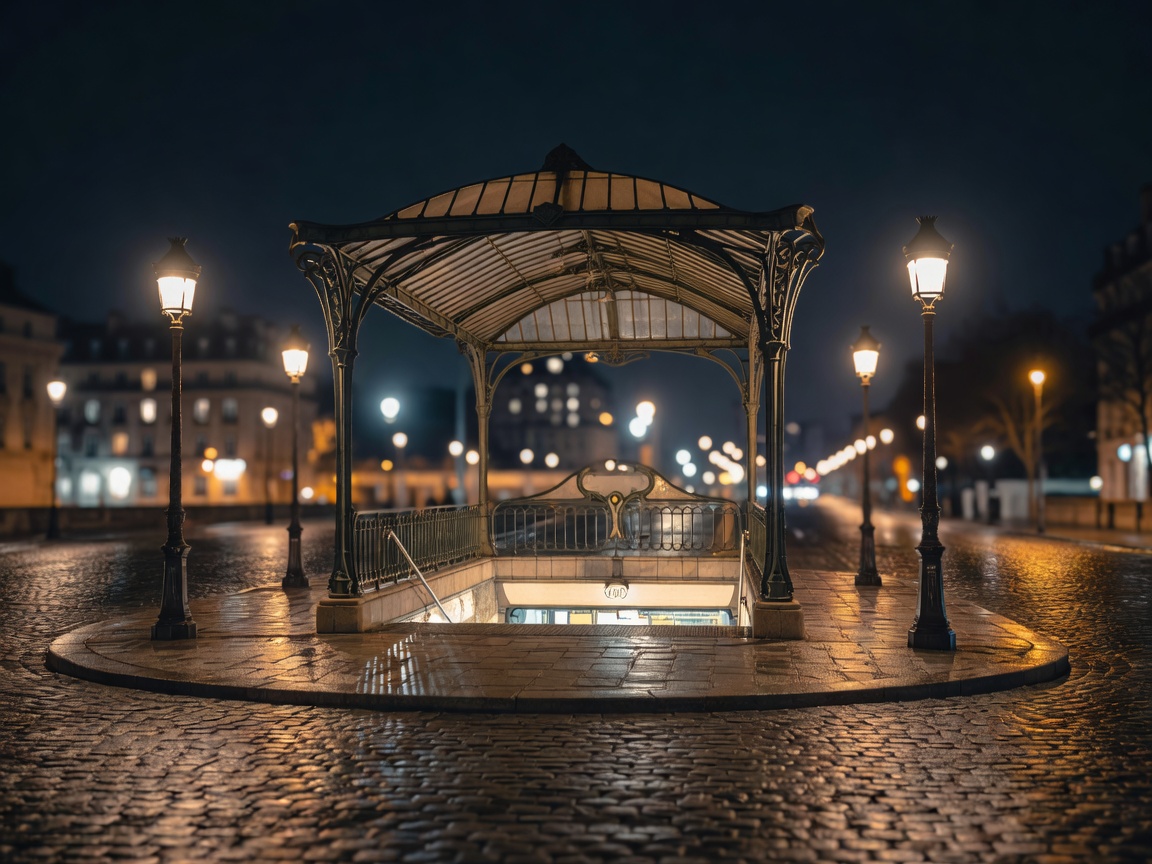 Metro station entrance at night in Paris with warm architectural street lighting