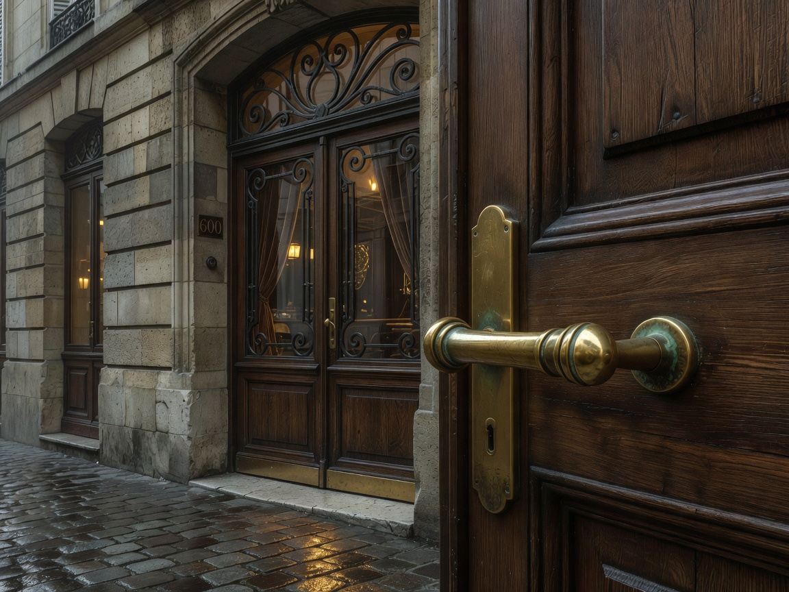 Subtle brass door handle and entry architecture of a Parisian nightlife venue